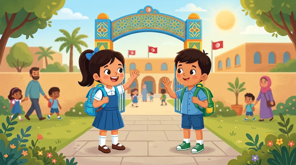 Lina et Omar se disent bonjour devant l'entrée décorée de leur école en Tunisie
